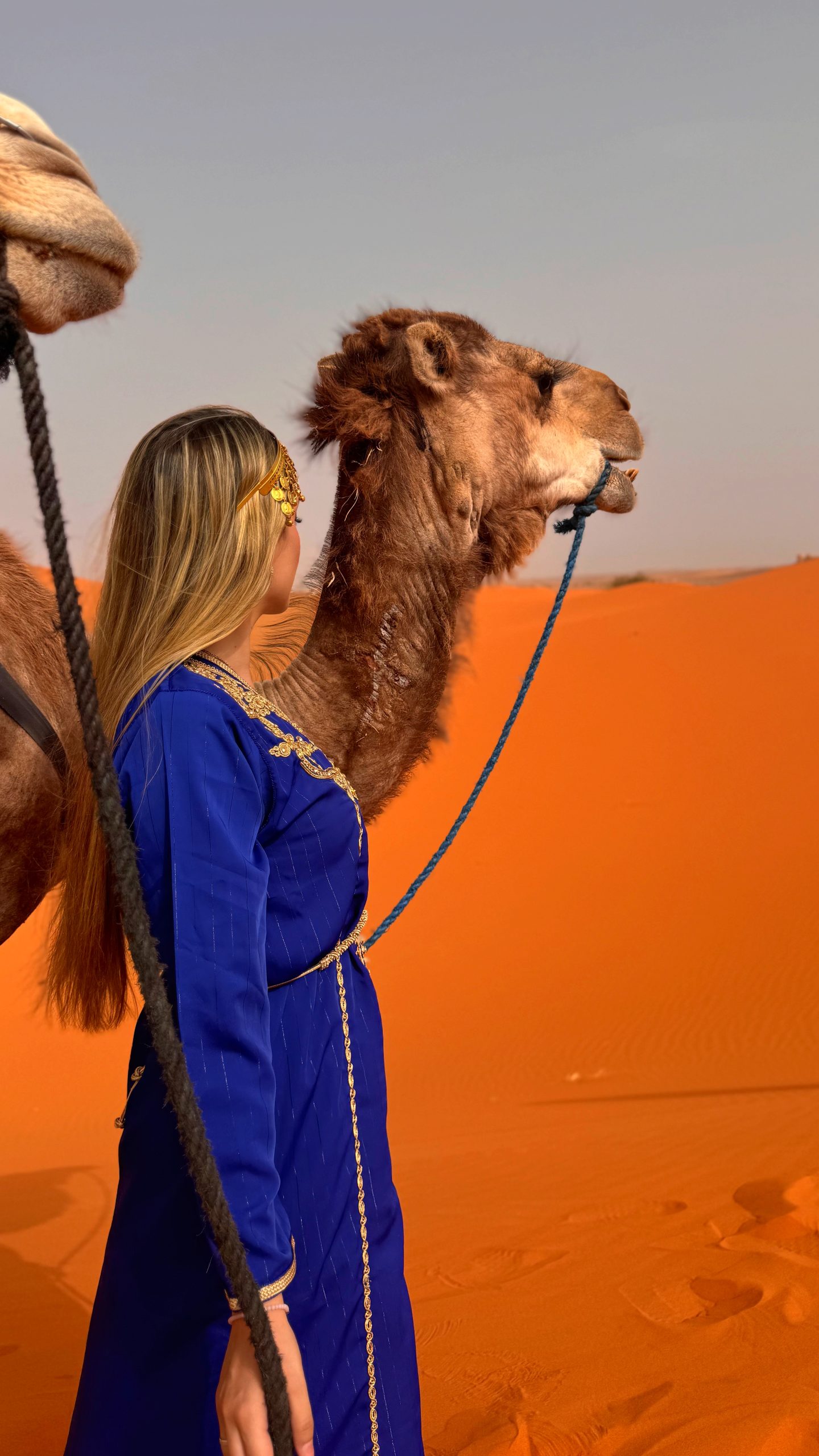 mujer de pie junto a un dromedario, ambos mirando hacia el desierto naranja