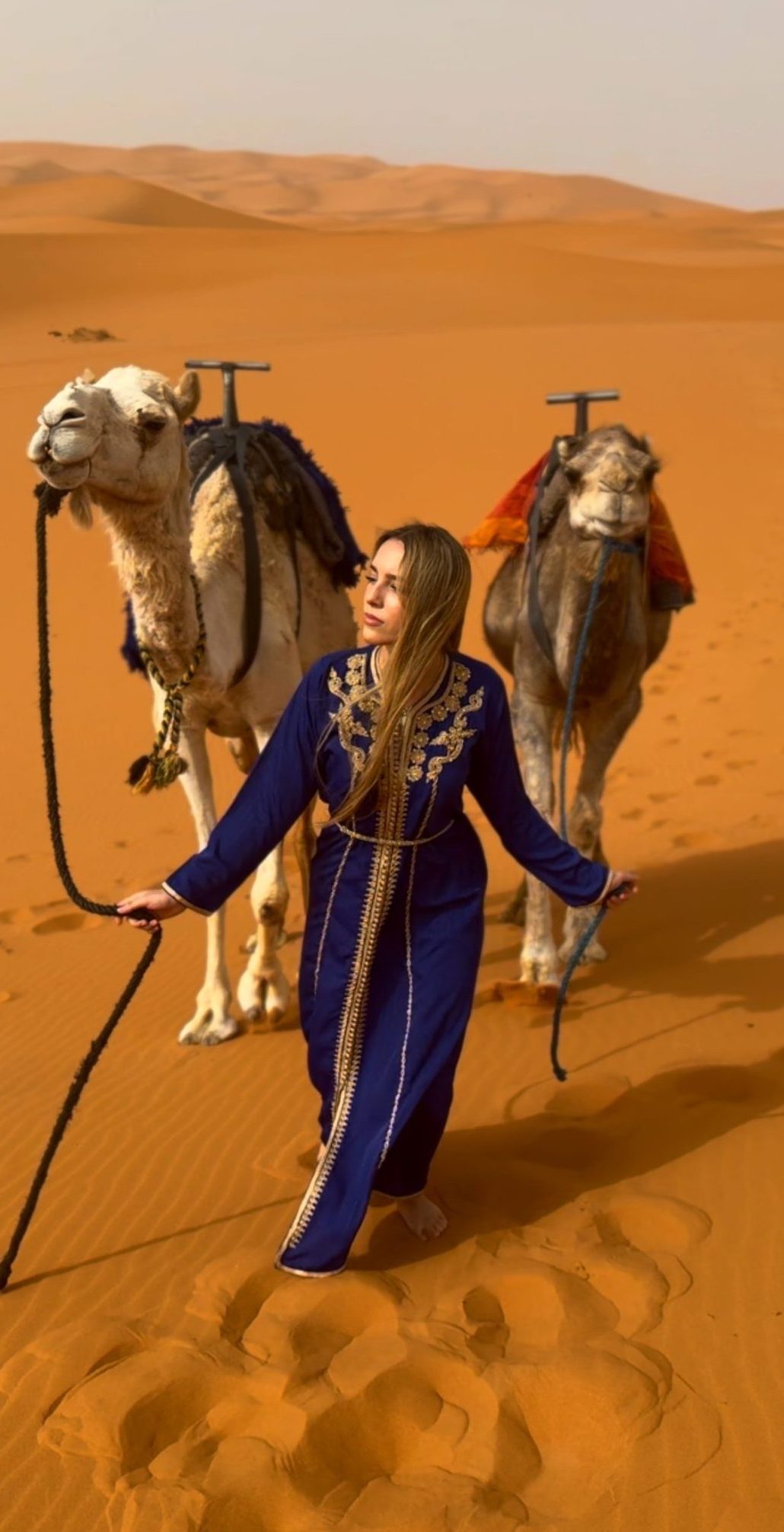 Una mujer con un vestido azul bordado en oro conduce dos dromedarios a través de un vasto desierto naranja bajo un cielo despejado, evocando una sensación de calma y aventura.